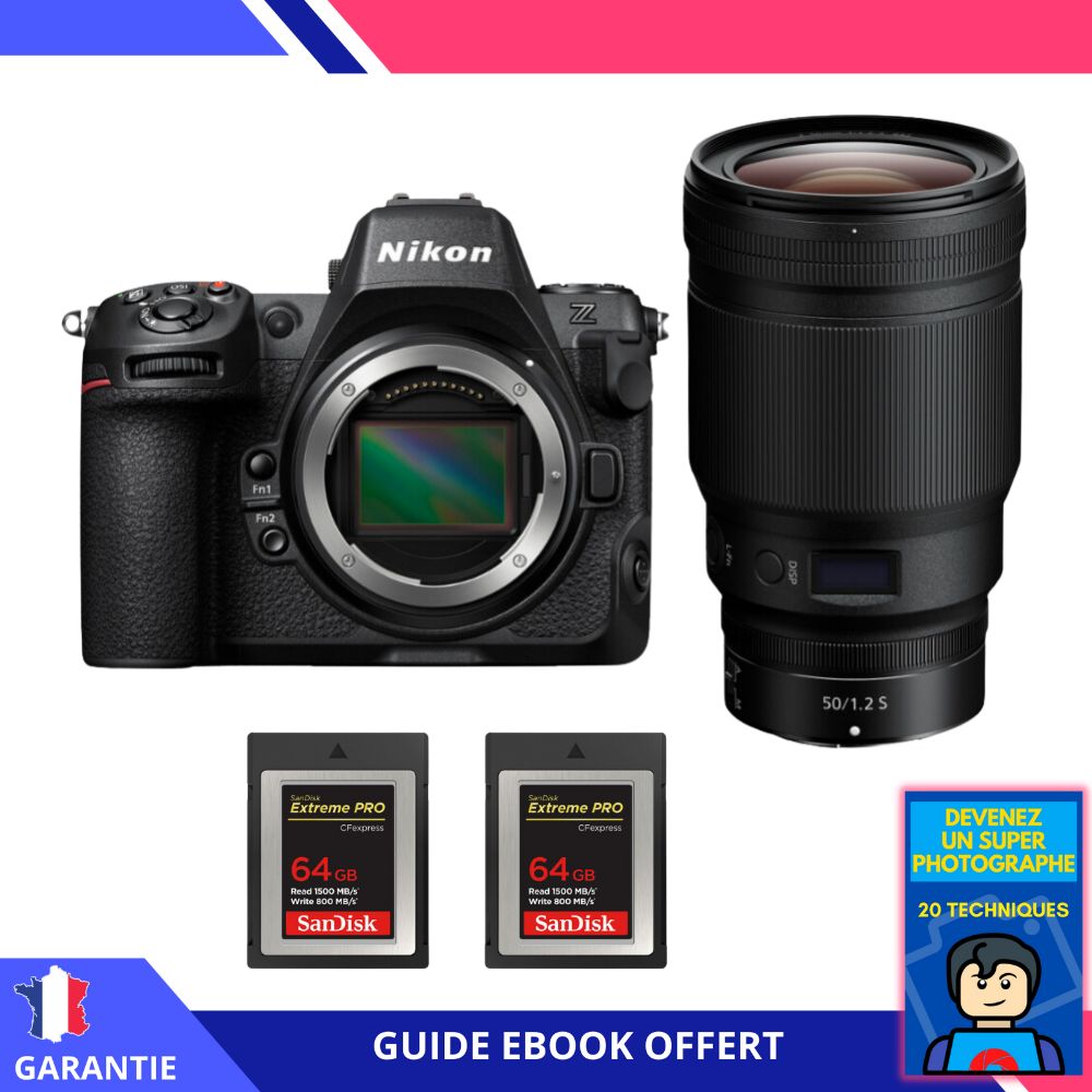 Appareil photo hybride Nikon Z8 + objectif 50mm f/1.2 S + 2 x 64 Go cartes SanDisk Extreme PRO CFexpress Type B + ebook 'Devenez un super photographe'