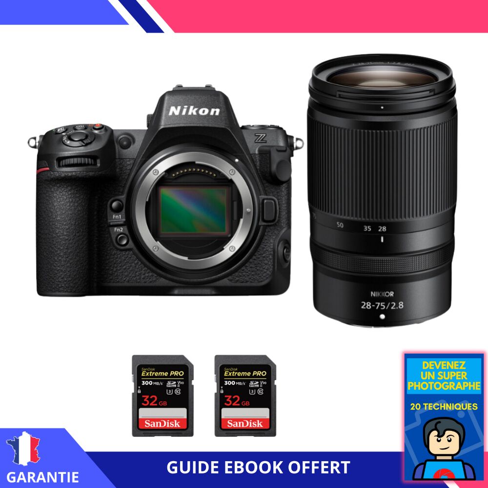 Appareil photo hybride Nikon Z8 + objectif Z 28-75mm f/2.8 + 2 cartes SD 32 Go SanDisk Extreme PRO UHS-II + ebook 'Devenez un super photographe'