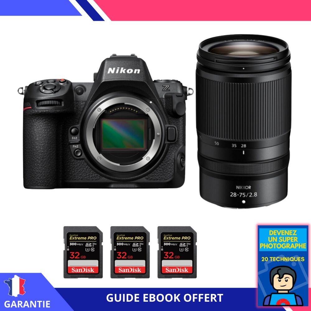 Appareil photo hybride Nikon Z8 + Objectif Z 28-75mm f/2.8 + 3 cartes SDXC SanDisk 32 Go Extrême PRO UHS-II 300 Mo/s + Livre électronique 'Devenez un Super Photographe' - Nikon