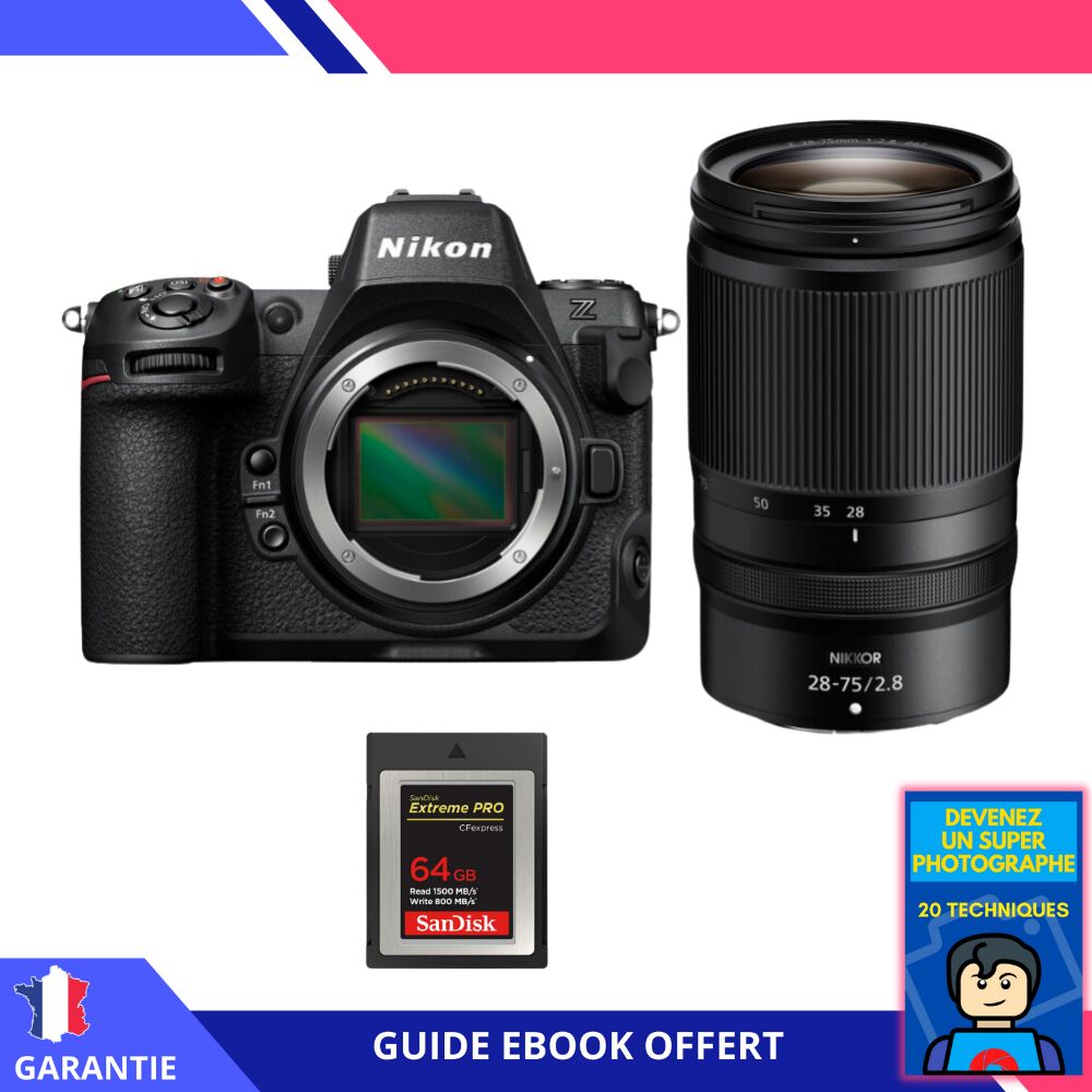 Appareil photo hybride Nikon Z8 + objectif Z 28-75mm f/2,8 + carte Sandisk 64 Go Extreme PRO CFexpress Type B + ebook 'Devenez un super photographe' - Nikon plein format