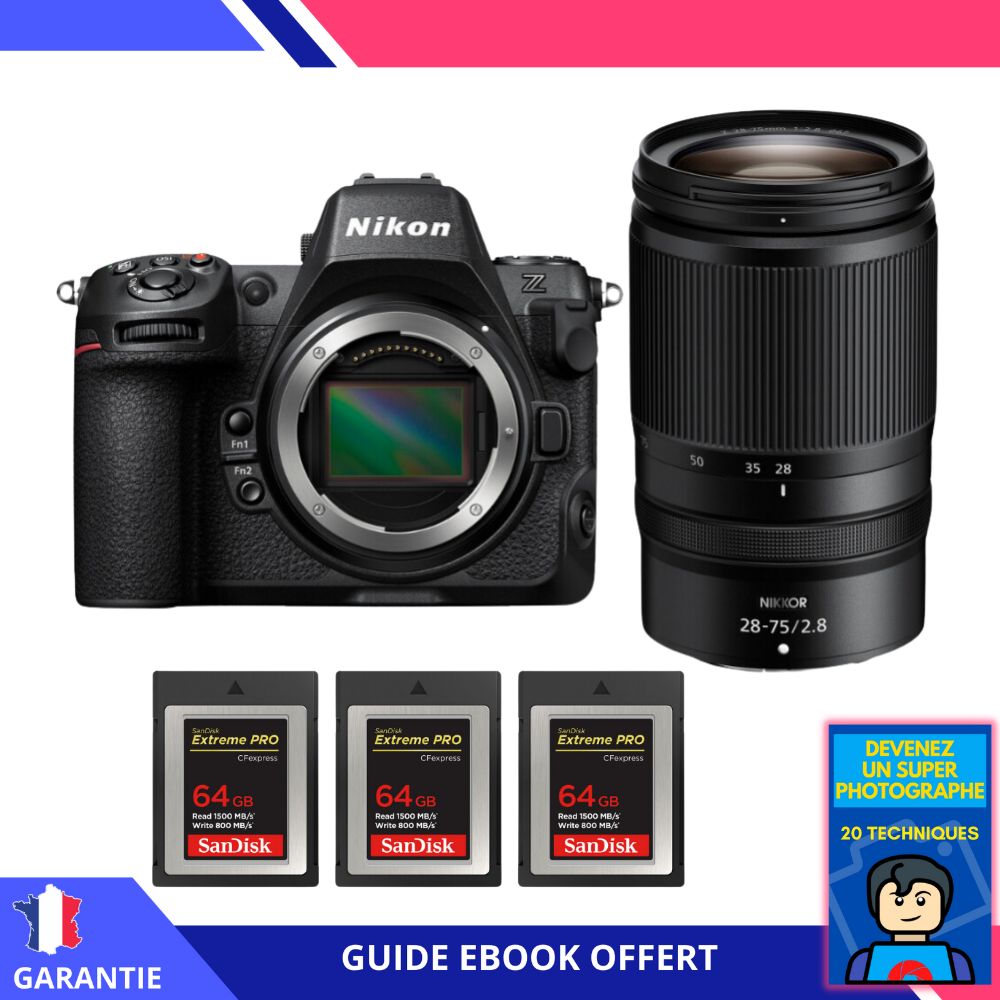 Appareil photo hybride Nikon Z8 + Objectif Z 28-75mm f/2.8 + 3 x 64 Go SanDisk Extreme PRO CFexpress Type B + Ebook 'Devenez un super photographe' - Nikon Hybride plein format