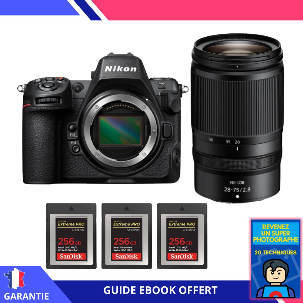 Appareil photo hybride Nikon Z8 + Objectif Z 28-75mm f/2.8 + 3 x 256 Go SanDisk Extreme PRO CFexpress Type B + Ebook 'Devenez un Super Photographe'