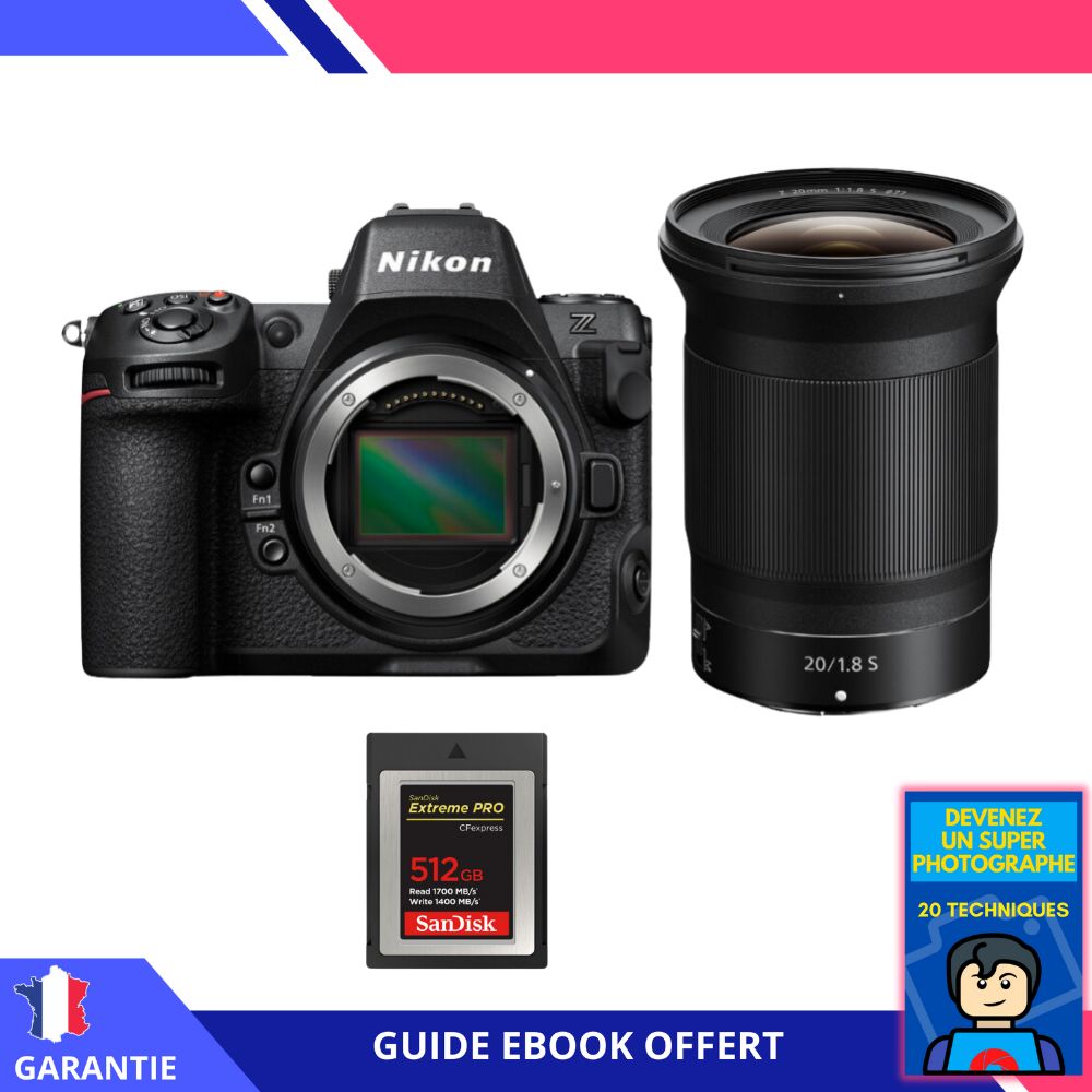Nikon Z8 Hybrid Camera Kit with Z 20mm f/1.8 S Lens, 512GB SanDisk Extreme PRO CFexpress Type B, and Ebook - Black