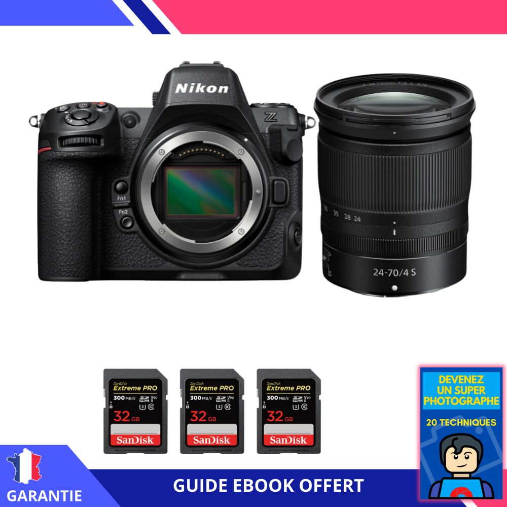 Nikon Z8 + Z 24-70mm f/4 S Lens + 3x 32GB SanDisk Extreme PRO UHS-II SDXC Memory Card + 'Become a Super Photographer' Ebook - Nikon Hybrid Camera