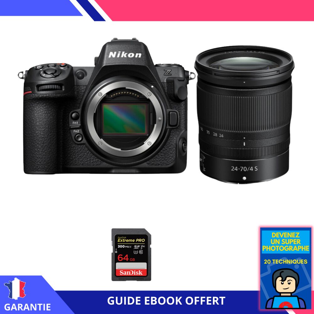 Nikon Z8 + Z 24-70mm f/4 S Lens + 64GB SanDisk Extreme PRO UHS-II SDXC Card + Ebook - Nikon Hybrid Camera