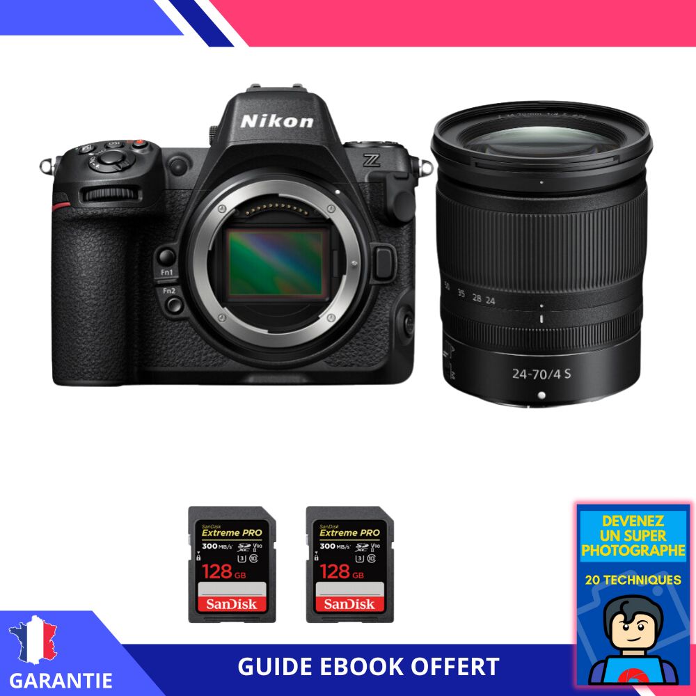 Nikon Z8 + Z 24-70mm f/4 S Lens + 2x 128GB SanDisk Extreme PRO UHS-II SDXC Cards + 'Become a Super Photographer' Ebook - Nikon Hybrid Camera