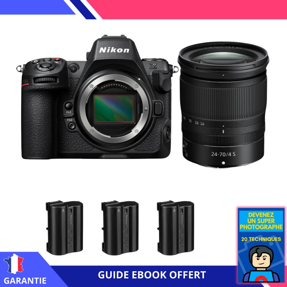 Appareil photo hybride Nikon Z8 + Objectif Z 24-70mm f/4 S + 3 batteries EN-EL15c + Livre électronique 'Devenez un Super Photographe'