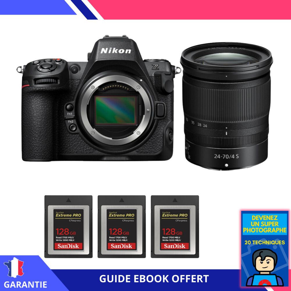 Nikon Z8 + Z 24-70mm f/4 S Lens + 3x 128GB SanDisk Extreme PRO CFexpress Type B + Ebook - Hybrid Nikon Camera