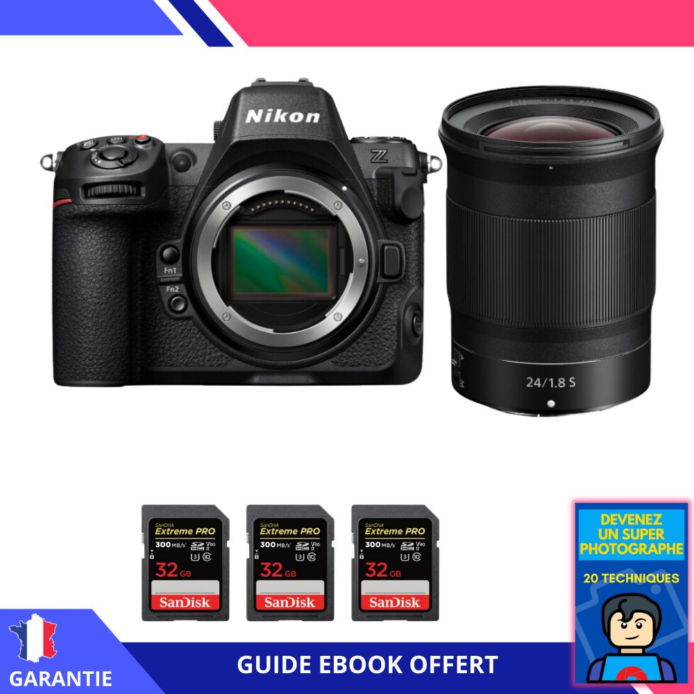 Nikon Z8 + Z 24mm f/1.8 S Lens + 3 SanDisk 32GB Extreme PRO UHS-II SDXC Cards + 'Become a Super Photographer' Ebook - Nikon Hybrid Camera