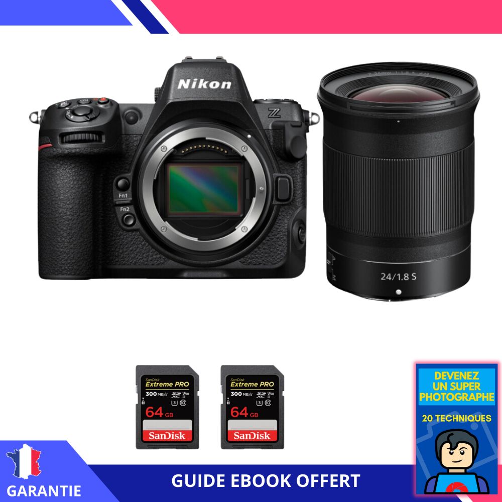 Nikon Z8 + Z 24mm f/1.8 S Lens + 2x SanDisk 64GB Extreme PRO UHS-II SDXC Cards + 'Become a Super Photographer' Ebook - Nikon Hybrid Camera