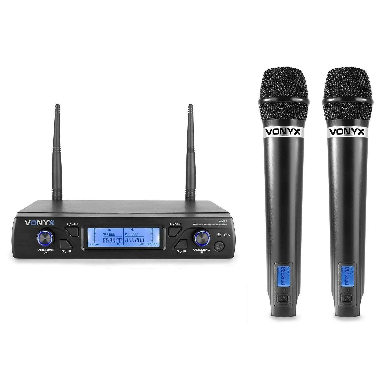 Vonyx WM62 - 2 Wireless UHF Microphones with 16-Channel Receiver