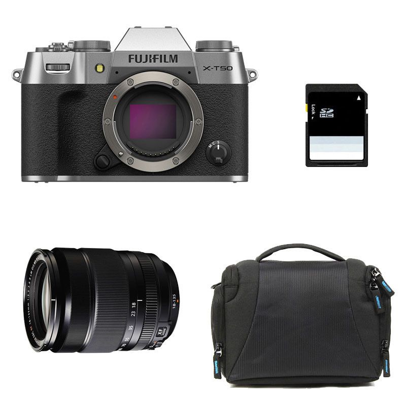 Fujifilm X-T50 Plata + Lente 18-135mm f/3.5-5.6 + Maletín + Tarjeta SD de 8GB (Garantía de 3 años)