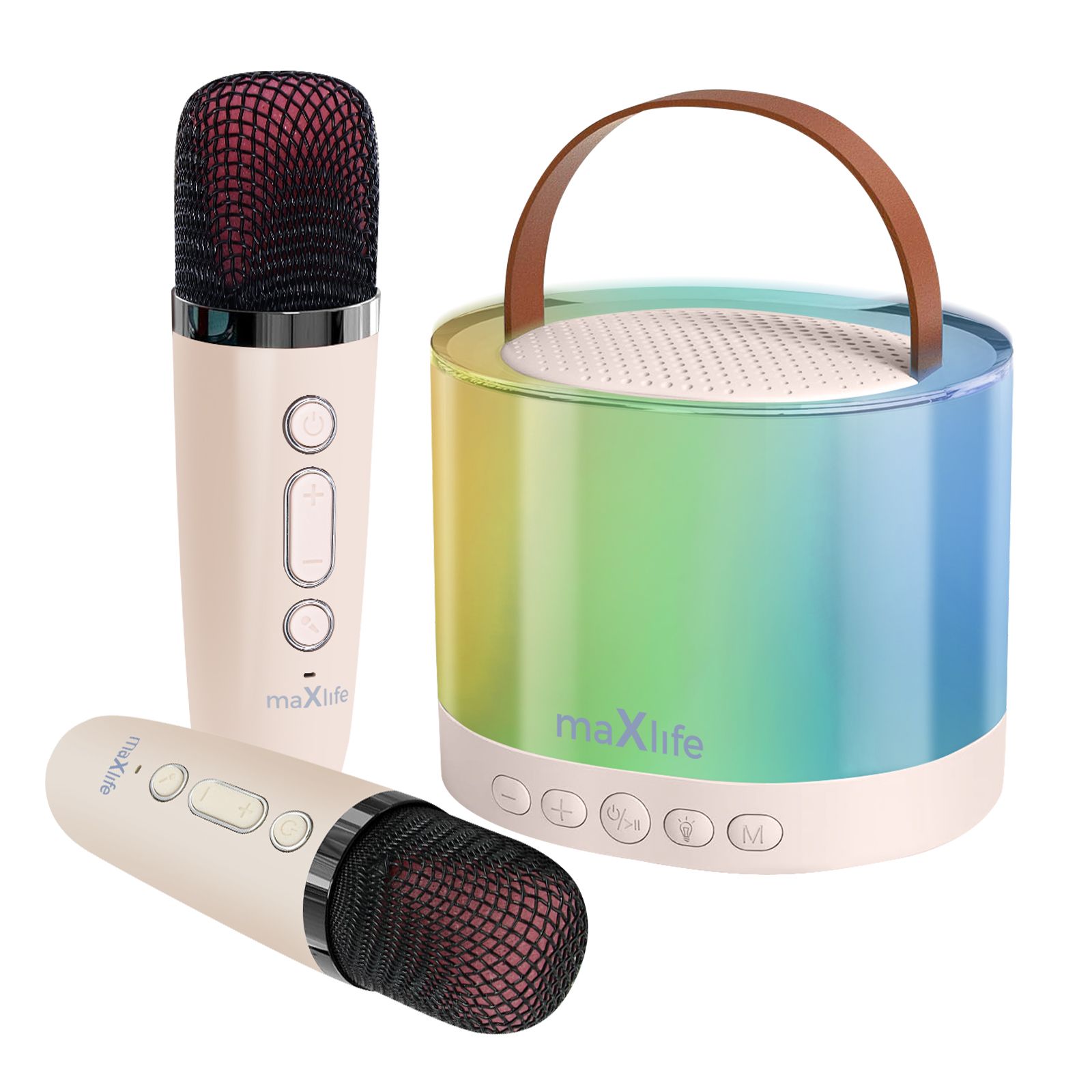 Altavoces de Karaoke Portátiles Maxlife de 5W con 2 Micrófonos Inalámbricos y Luces Brillantes - Blanco