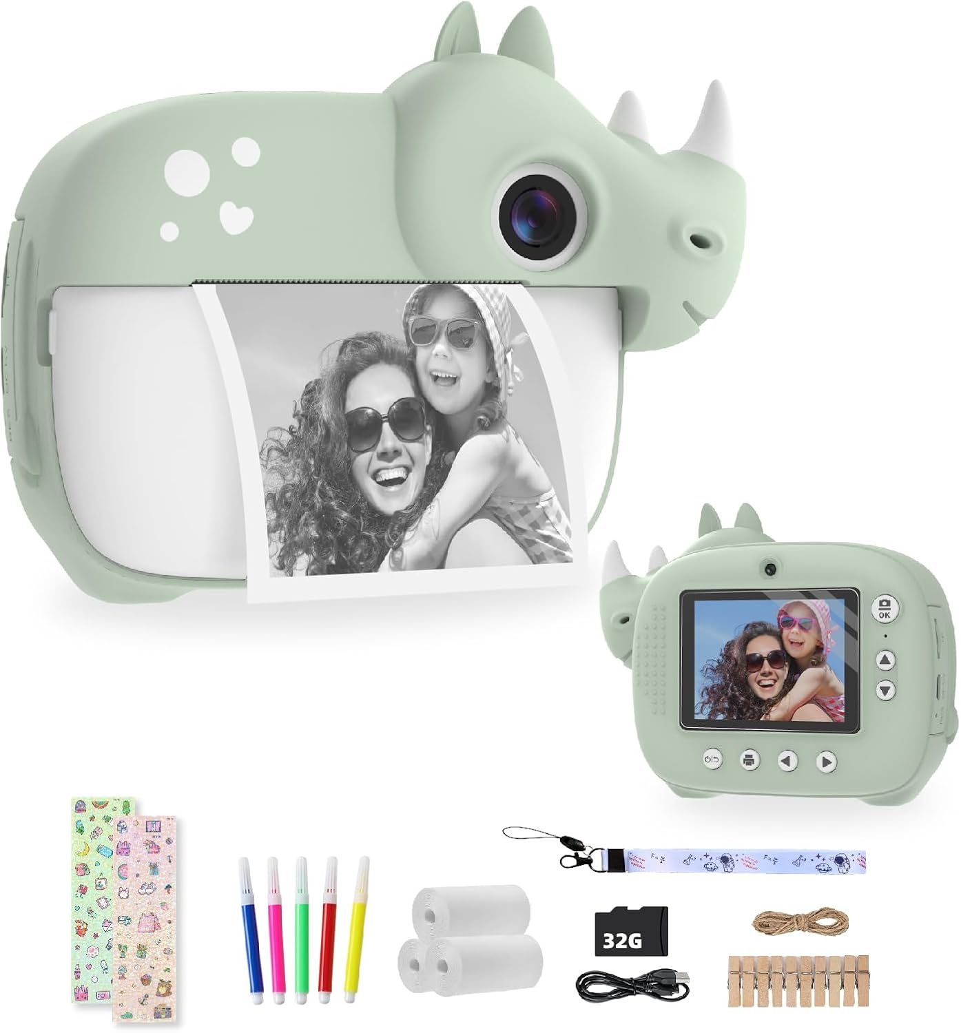 Avanturis Kids' Instant Print Digital Camera with 32GB Card, 12MP/1080P Selfie Camera Video - Green