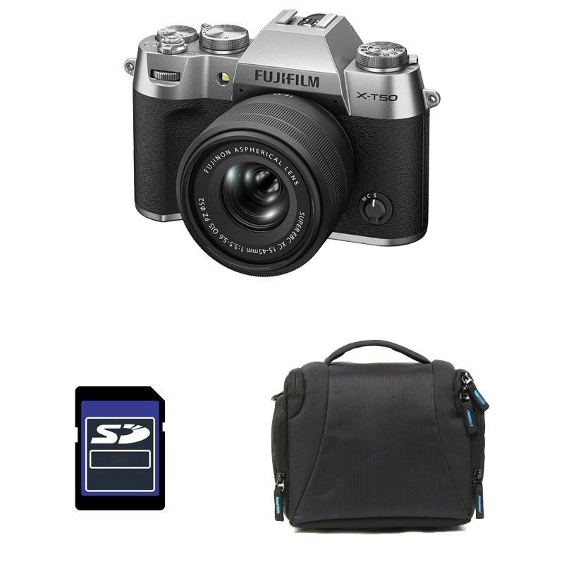 Fujifilm X-T50 Plata + Objetivo 15-45mm f/3.5-5.6 Pancake + Bolso + Tarjeta SD de 8GB