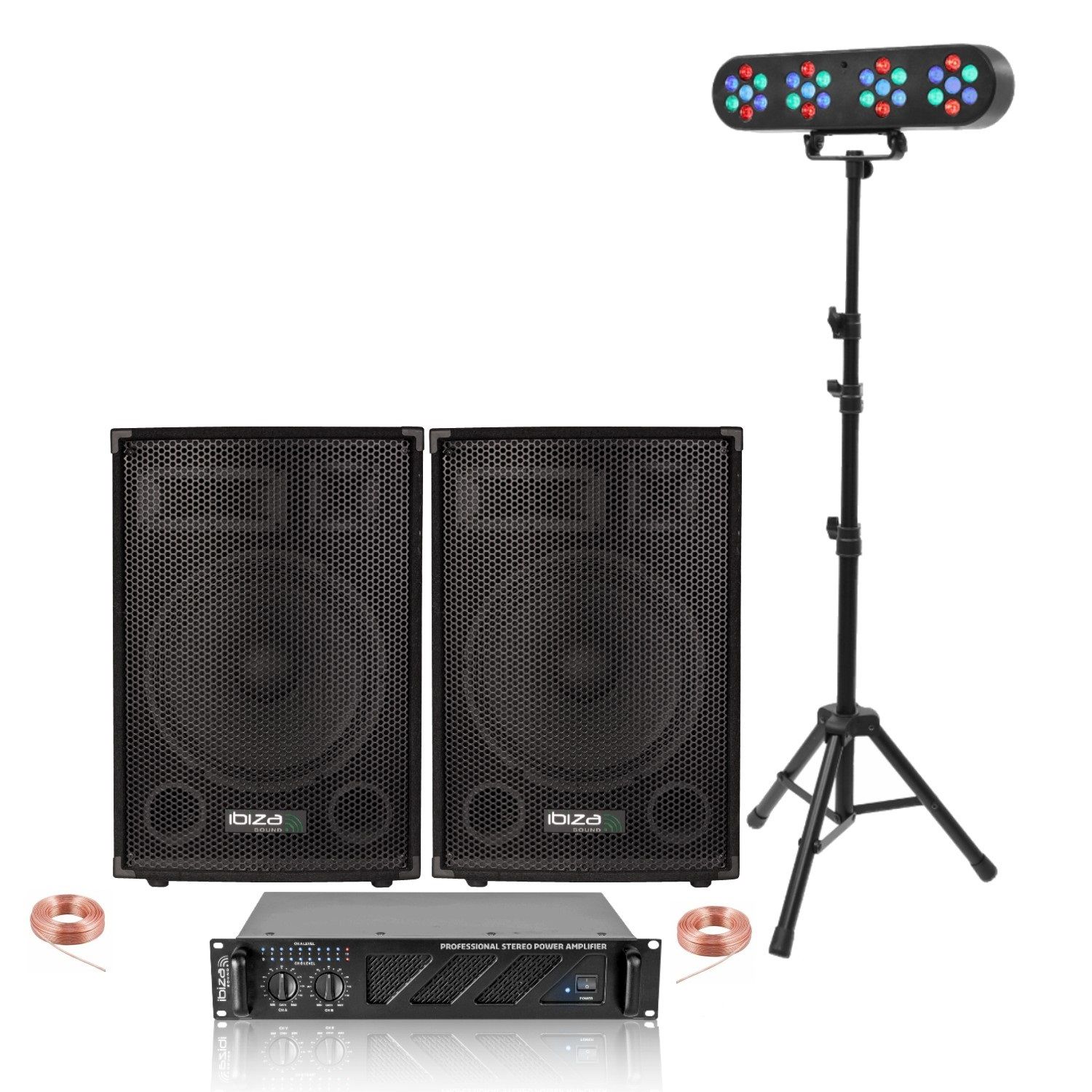 Ibiza Sound Pack Ibiza 2 Passive Speakers - 2x700W Speakers + 2x600W Amplifier + DJ Lighting Stand with 4 PAR Projectors