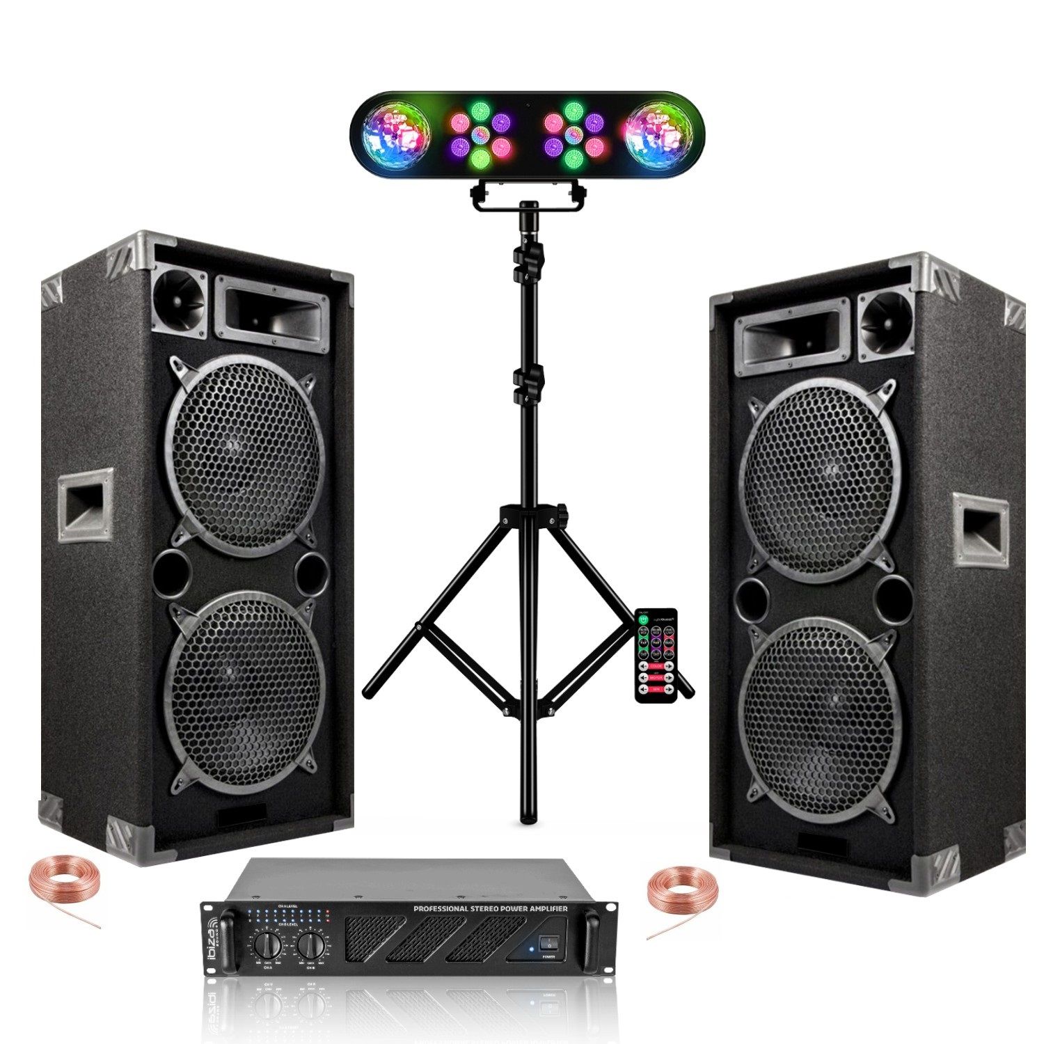 Ibiza Sound Pack Sono Ibiza - 2 Passive Speakers 2x1000W - Professional Amplifier 2x600W - Lighting Stand with 2 PAR Lights and 2 Rotating Astro Lights