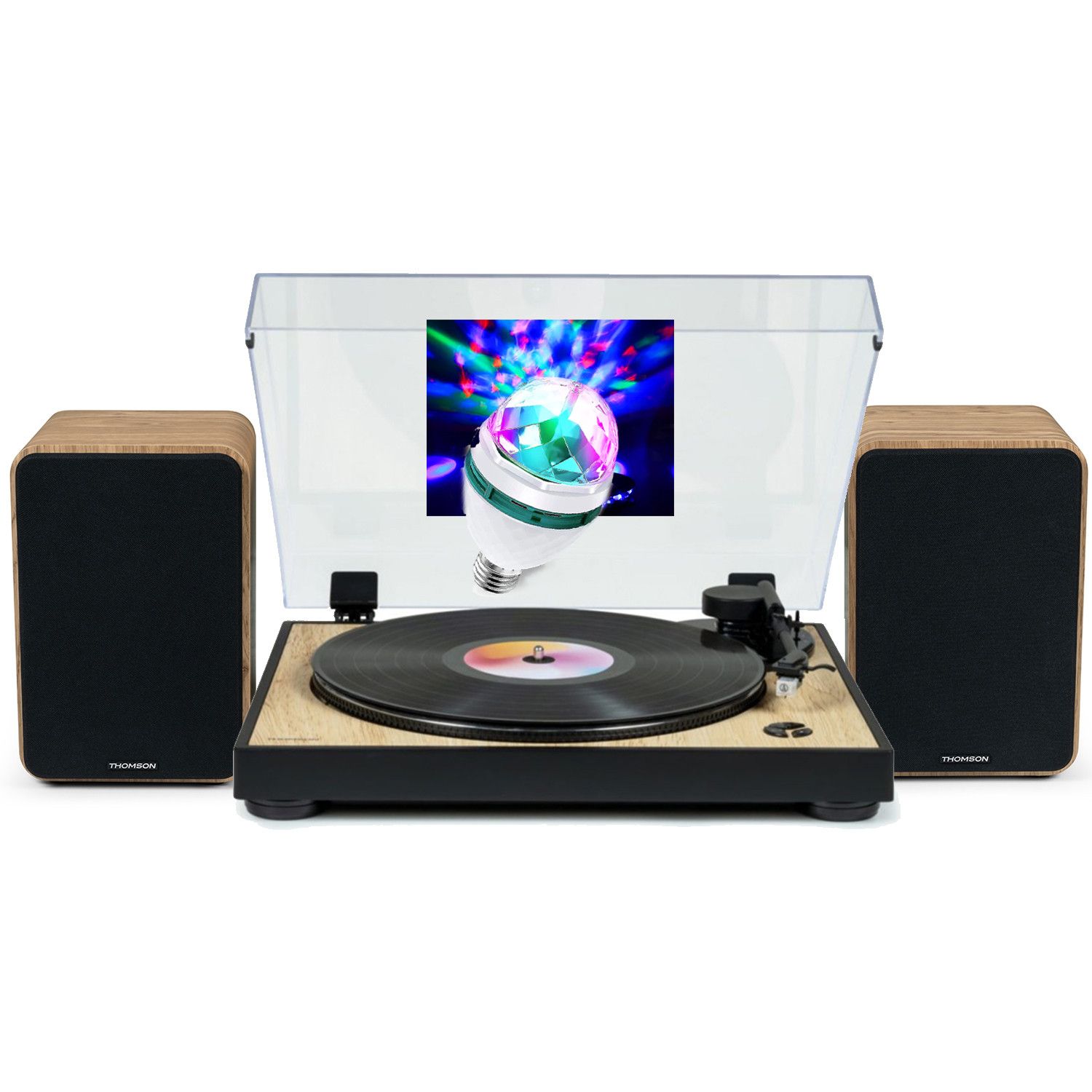 Pre-amplified Vinyl Turntable Thomson TT301 - Wood/White Finish, 33/45 RPM, Automatic Arm Enclosures 100W, DIAMS LED Light
