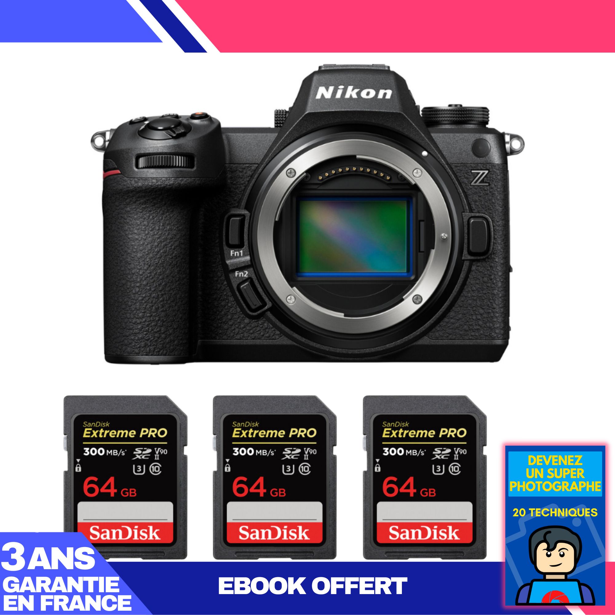 Appareil photo hybride Nikon Z6 III + 3 cartes mémoire SanDisk 64 Go Extreme PRO UHS-II SDXC 300 Mo/s + ebook 'Devenez un super photographe'