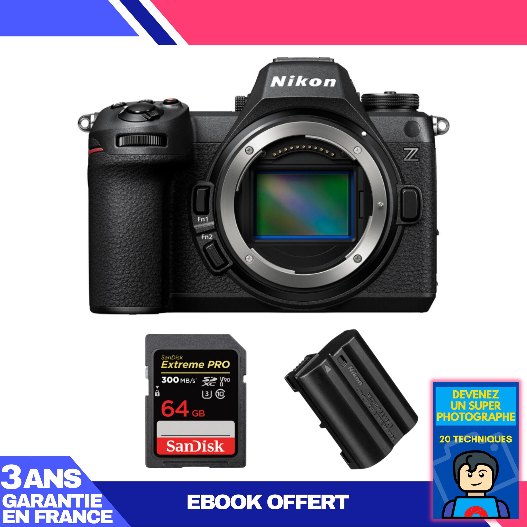 Nikon Z6 III Boîtier + 1 Carte SanDisk 64 Go Extreme PRO UHS-II SDXC 300 Mo/s + 1 Batterie Nikon EN-EL15c + Ebook 'Devenez un Super Photographe'
