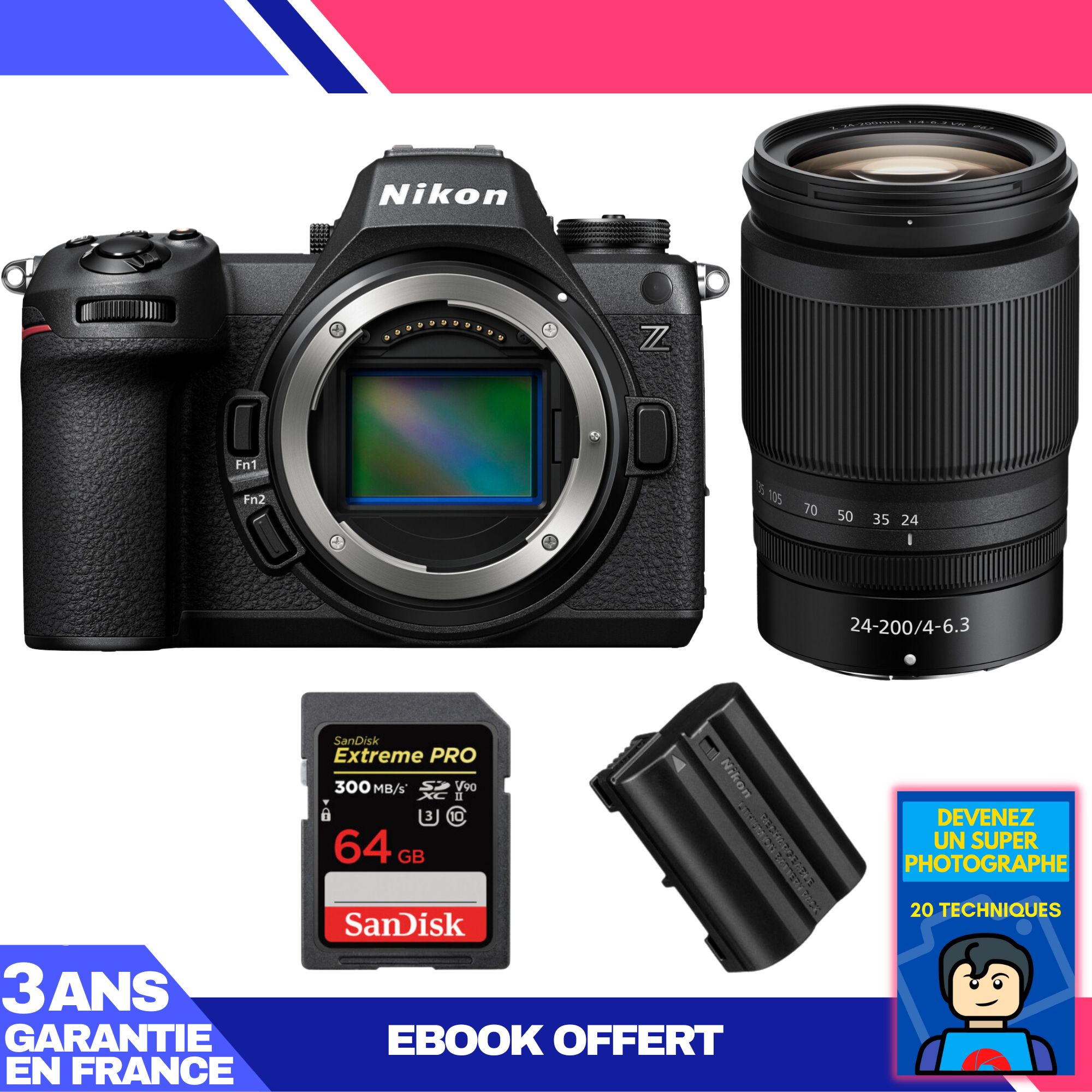 Nikon Z6 III Kit with Z 24-200mm f/4-6.3 VR Lens + 1 SanDisk 64GB Extreme PRO UHS-II SDXC Card + 1 Nikon EN-EL15c + Ebook: Become a Super Photographer