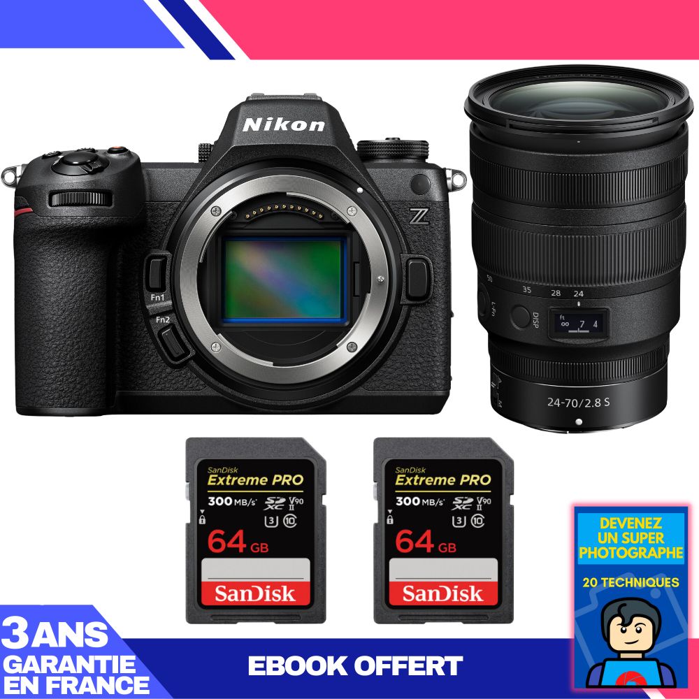 Appareil photo Nikon Z6 III avec objectif Z 24-70mm f/2.8 S + 2 cartes mémoire SanDisk 64 Go Extreme PRO UHS-II SDXC 300 Mo/s