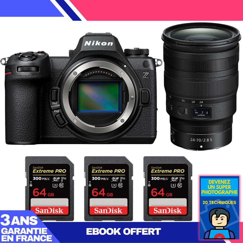 Cámara Nikon Z6 III + Lente Z 24-70mm f/2.8 S + 3 Tarjetas de Memoria SDXC SanDisk 64GB Extreme PRO UHS-II 300 MB/s + Libro 'Conviértase en un Fotógrafo Super'