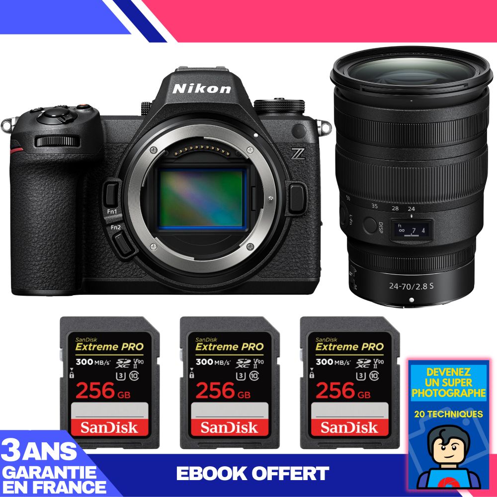 Kit de cámara Nikon Z6 III con lente Z 24-70mm f/2.8 S + 3 tarjetas SD SanDisk 256GB Extreme PRO + ebook 'Conviértete en un fotógrafo maestro'