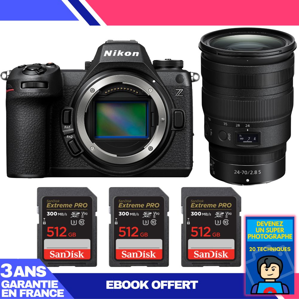 Kit Nikon Z6 III con lente Z 24-70mm f/2.8 S + 3 tarjetas SDXC de 512GB Sandisk Extreme PRO UHS-II