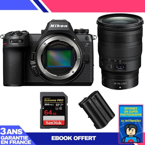 Nikon Z6 III Camera Kit with Z 24-70mm f/2.8 S Lens + SanDisk 64GB Extreme PRO UHS-II SDXC Card + Nikon EN-EL15c + Ebook