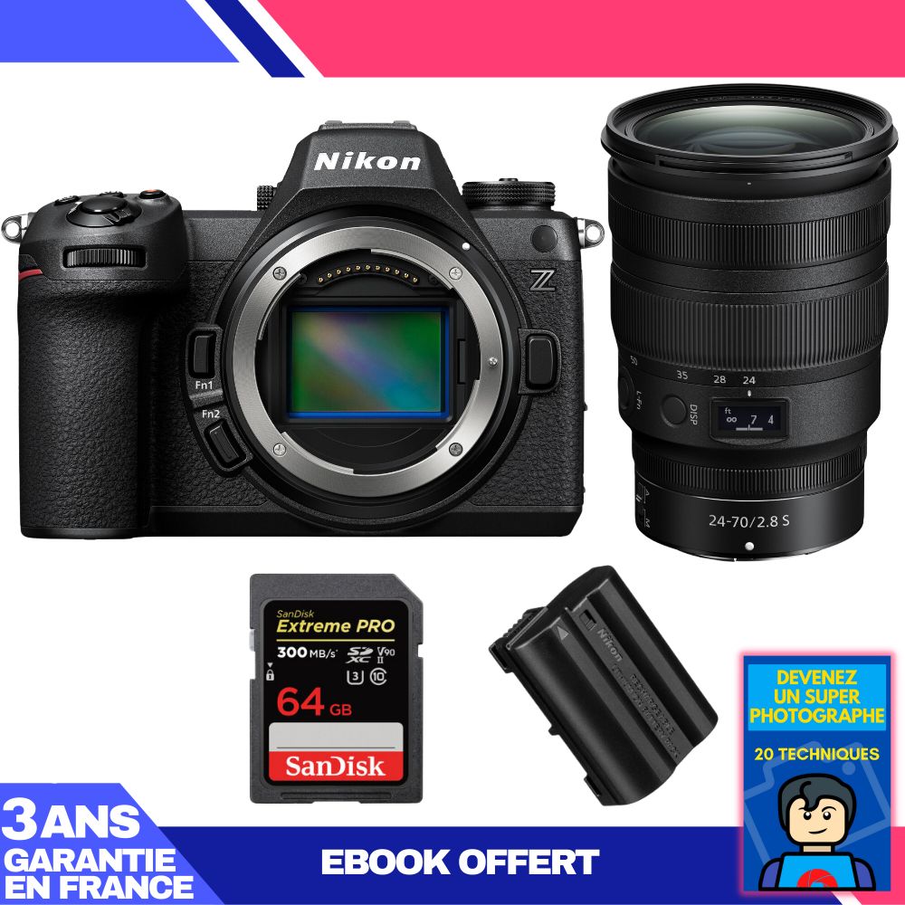 Kit Nikon Z6 III avec objectif Z 24-70mm f/2.8 S + carte SD SanDisk 64Go Extreme PRO UHS-II 300 Mo/s + batterie Nikon EN-EL15c + ebook