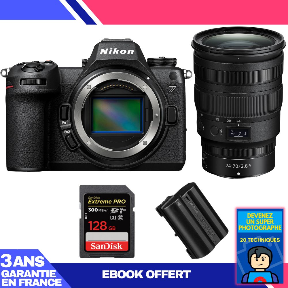 Appareil photo Nikon Z6 III avec objectif Z 24-70mm f/2.8 S + 1 carte SanDisk 128 Go Extreme PRO UHS-II SDXC + 1 batterie Nikon EN-EL15c + ebook 'Devenez un super photographe'
