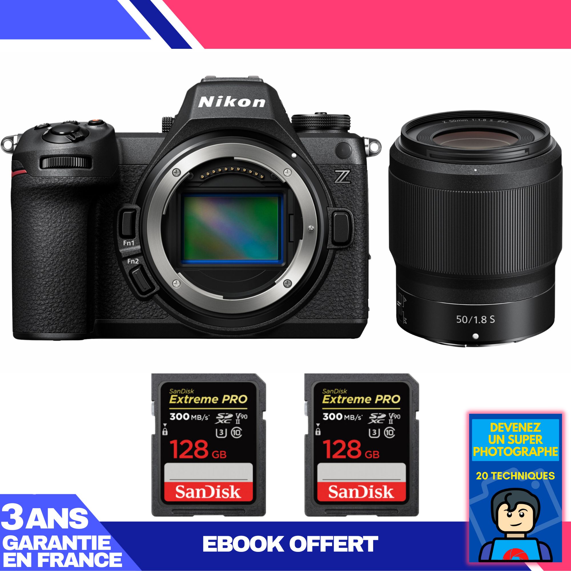 Kit Nikon Z6 III avec objectif Z 50mm f/1.8 S + 2 cartes SanDisk 128 Go Extreme PRO UHS-II SDXC 300 Mo/s + ebook 'Devenez un super photographe'