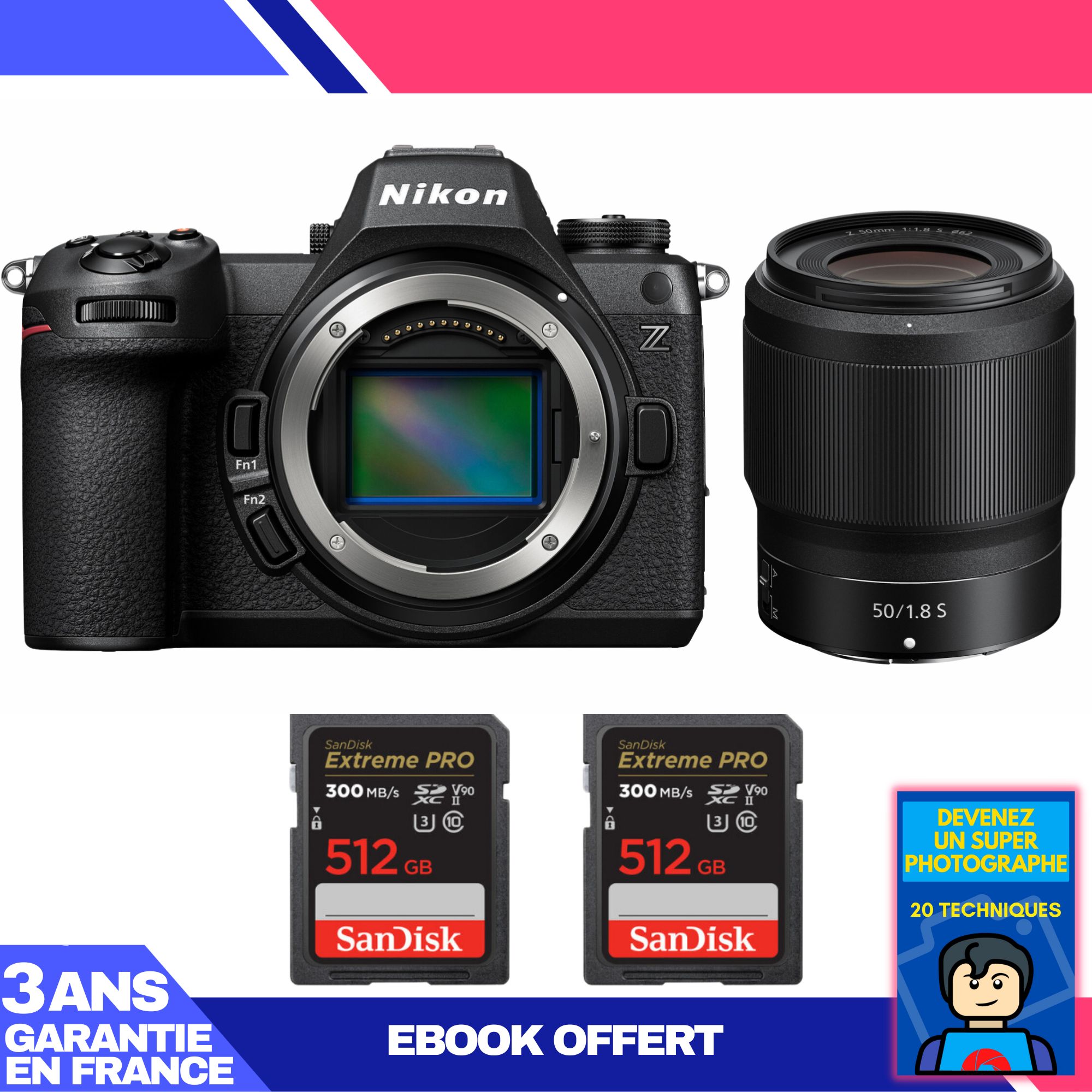 Appareil photo Nikon Z6 III + Objectif Z 50mm f/1.8 S + 2 Cartes mémoire SanDisk 512 Go Extreme PRO UHS-II SDXC 300 Mo/s + Guide 'Devenez un Photographe Expert'