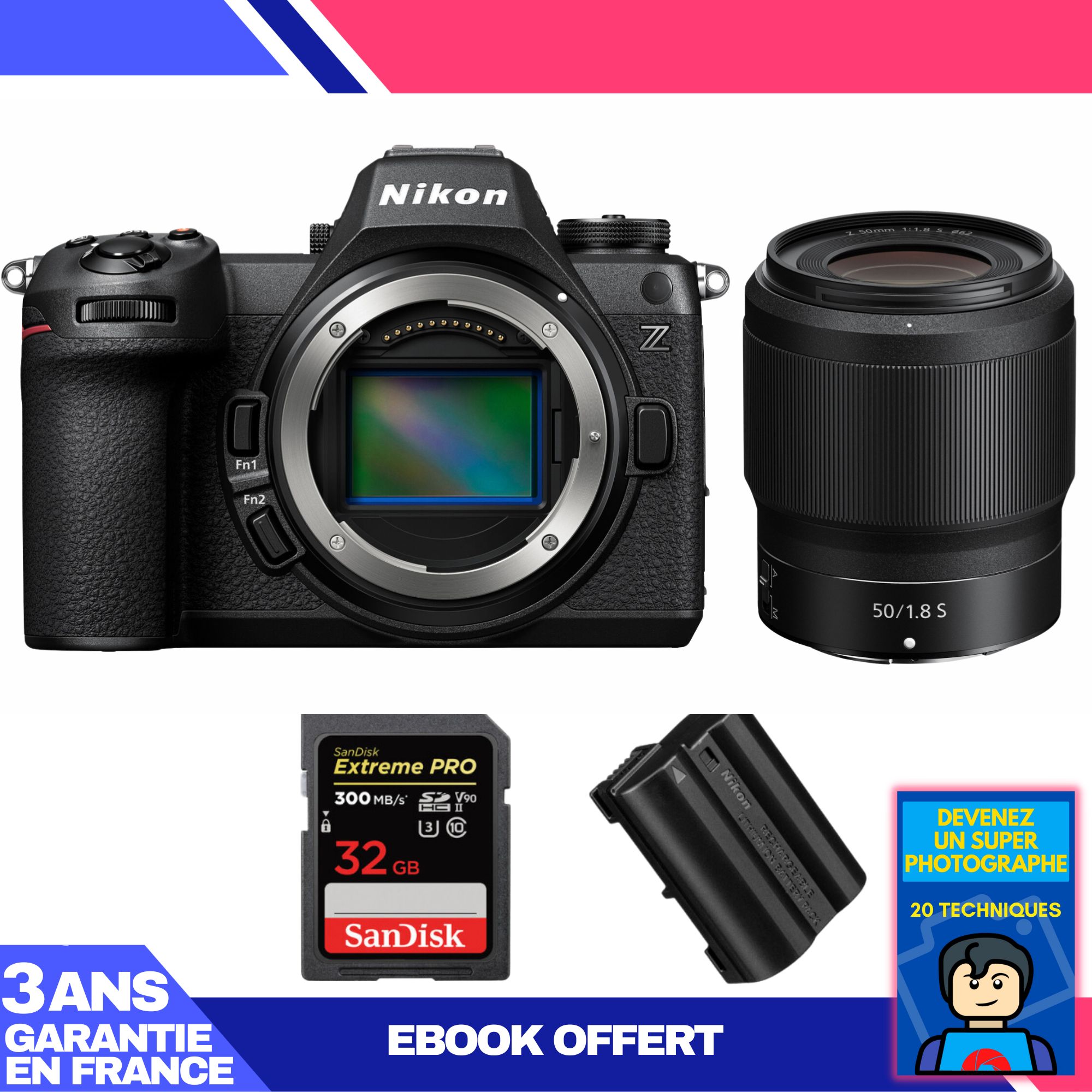 Appareil photo hybride Nikon Z6 III + objectif Z 50mm f/1.8 S + carte SDXC 32 Go SanDisk Extreme PRO UHS-II 300 Mo/s + batterie EN-EL15c + ebook 'Devenez un super photographe'