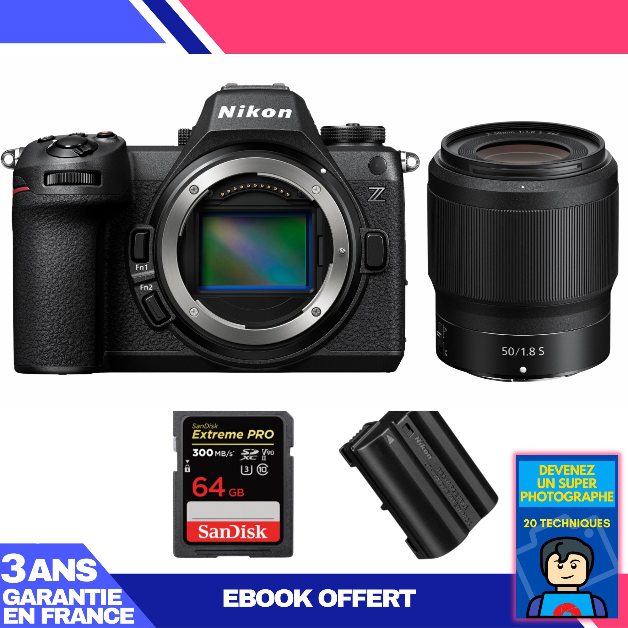 Appareil photo Nikon Z6 III + Objectif Z 50mm f/1.8 S + 1 carte SanDisk 64 Go Extreme PRO UHS-II SDXC 300 Mo/s + 1 batterie Nikon EN-EL15c + Ebook 'Devenez un super photographe'