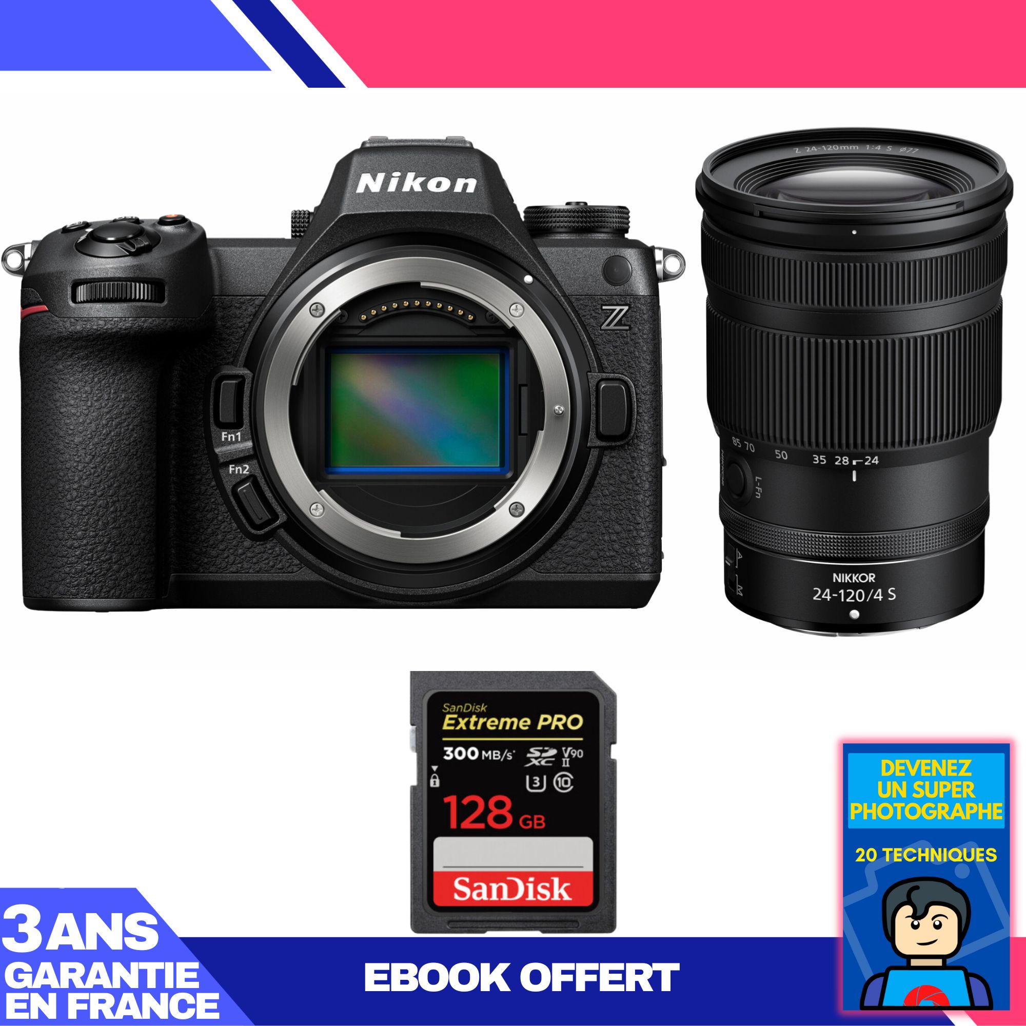 Kit Nikon Z6 III avec objectif Z 24-120 mm f/4 S + carte SD 128 Go SanDisk Extreme PRO UHS-II + ebook 'Devenez un super photographe'