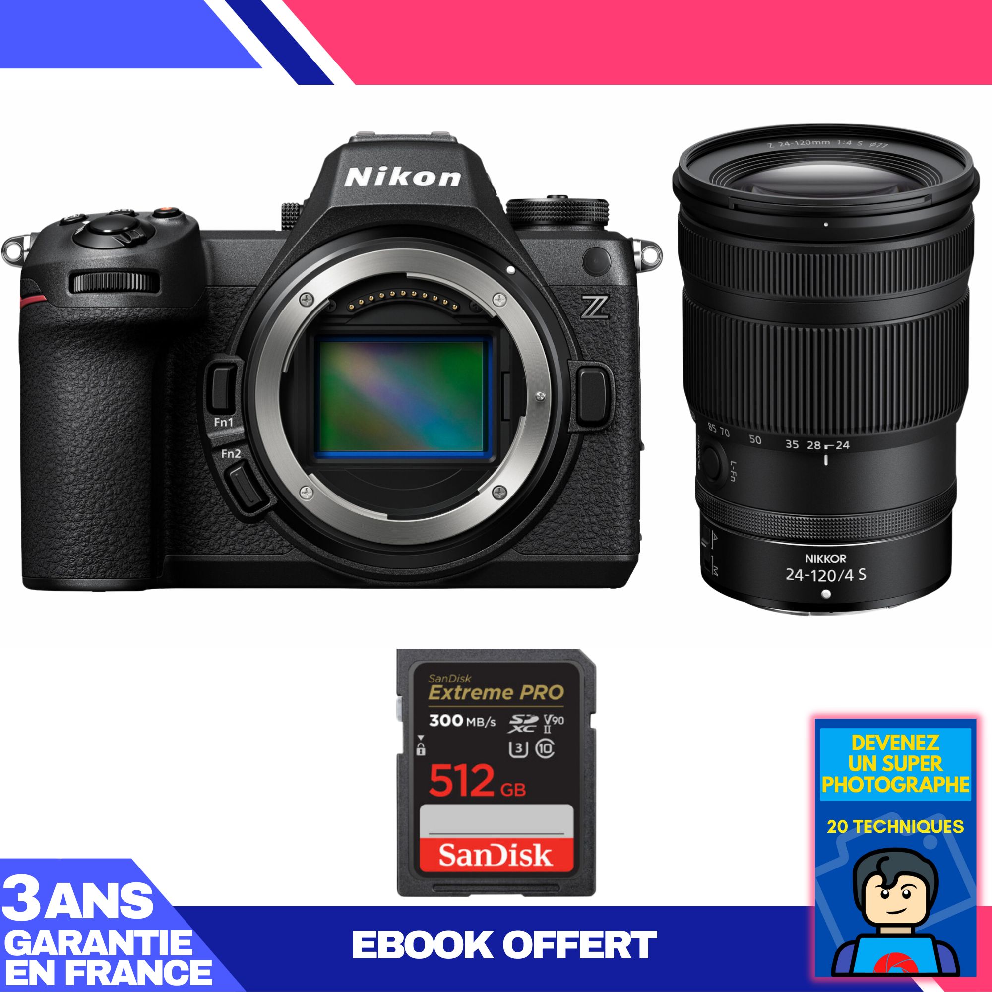 Kit Nikon Z6 III avec objectif Z 24-120 mm f/4 S + carte SD 512 Go Sandisk Extreme PRO + ebook : Devenez un super photographe
