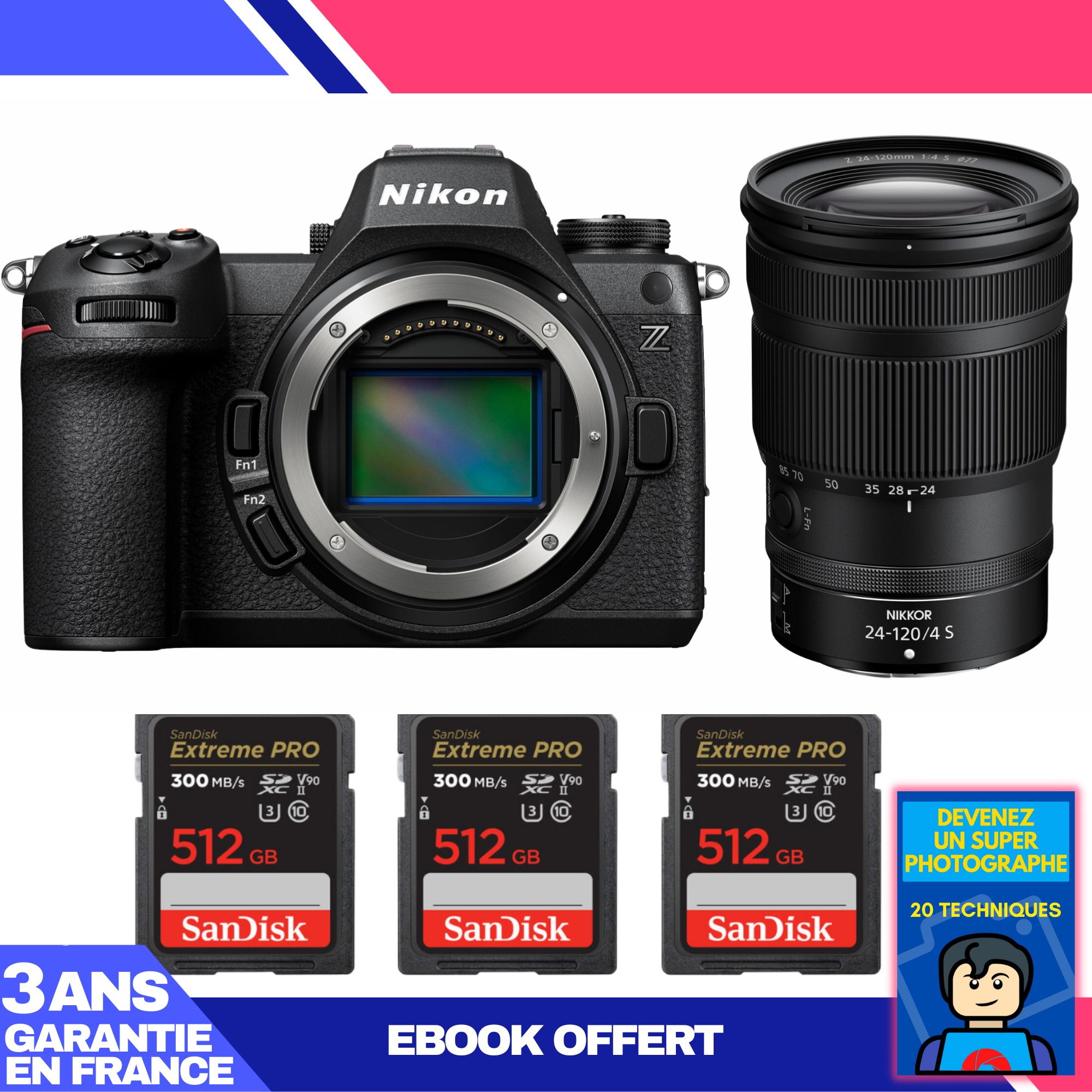 Nikon Z6 III Camera Kit with Z 24-120mm f/4 S Lens + 3 SanDisk 512GB Extreme PRO SD Cards + 'Become a Super Photographer' Ebook