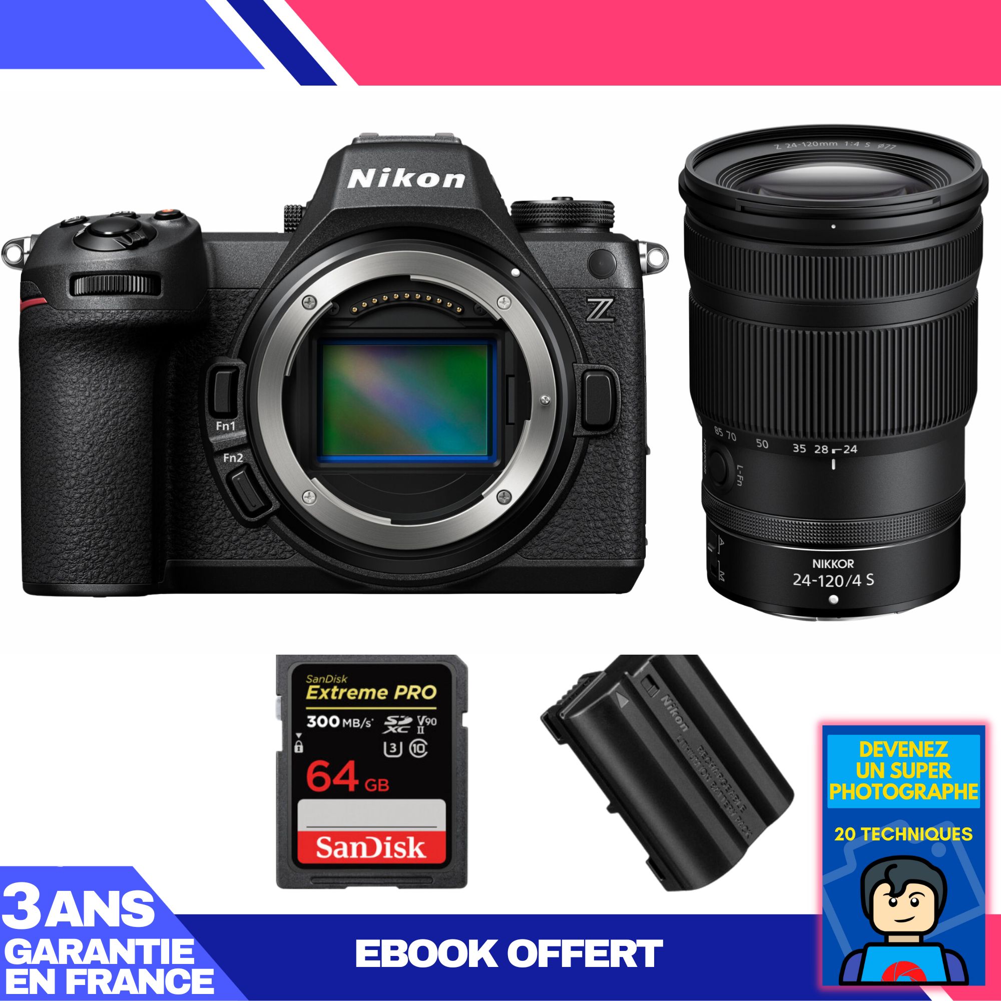 Kit Nikon Z6 III Appareil photo hybride plein format avec objectif Z 24-120mm f/4 S + carte SD 64 Go SanDisk Extreme PRO + batterie Nikon EN-EL15c + ebook - Devenez un photographe exceptionnel