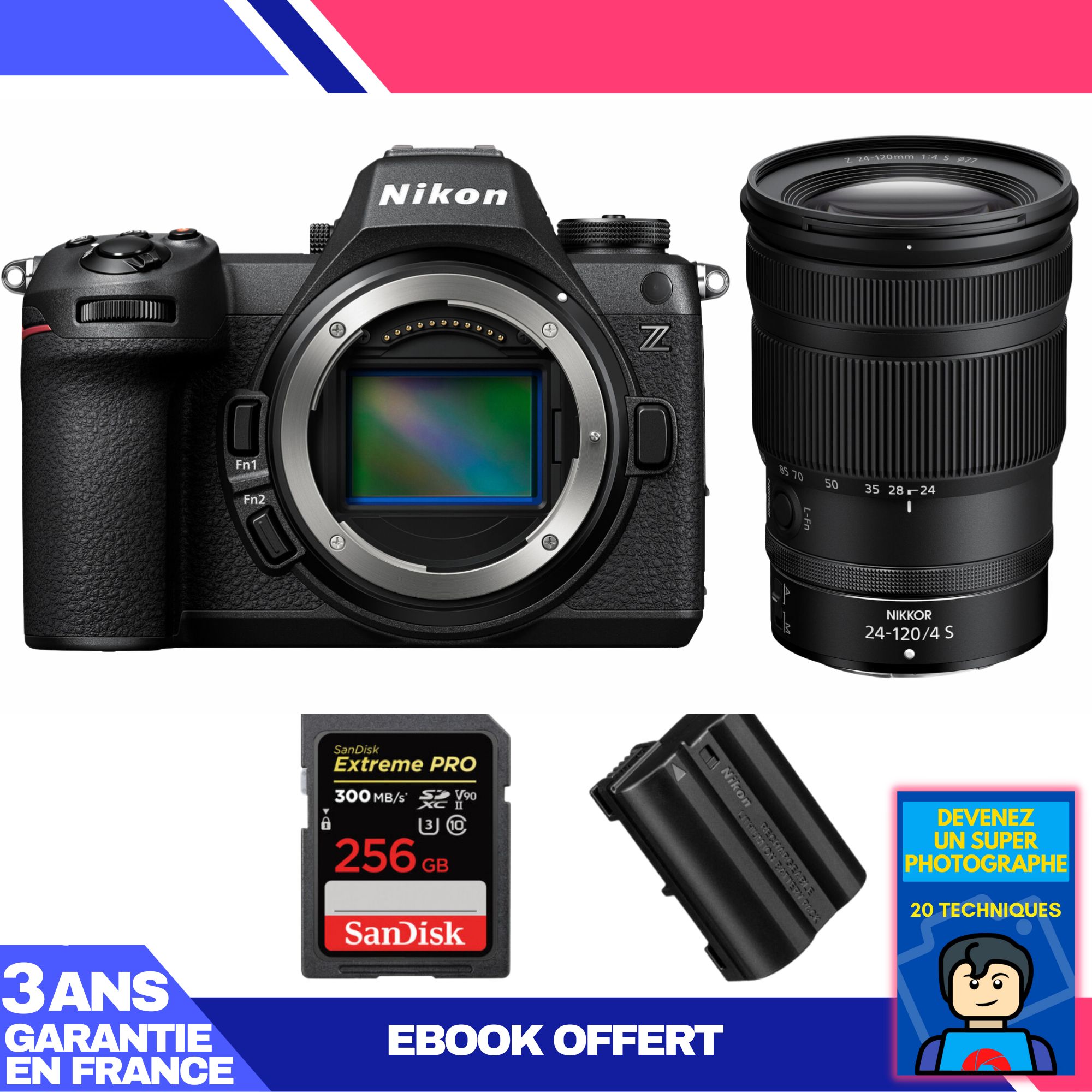 Kit Nikon Z6 III avec objectif Z 24-120mm f/4 S + carte SD 256Go SanDisk Extreme PRO UHS-II + batterie EN-EL15c + ebook