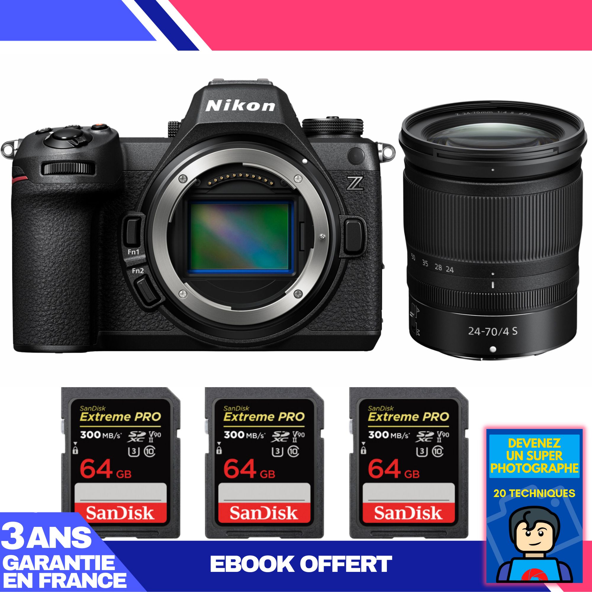 Nikon Z6 III Mirrorless Camera + Z 24-70mm f/4 S Lens + 3 SanDisk 64GB Extreme PRO UHS-II SDXC Cards + 'Become a Super Photographer Ebook