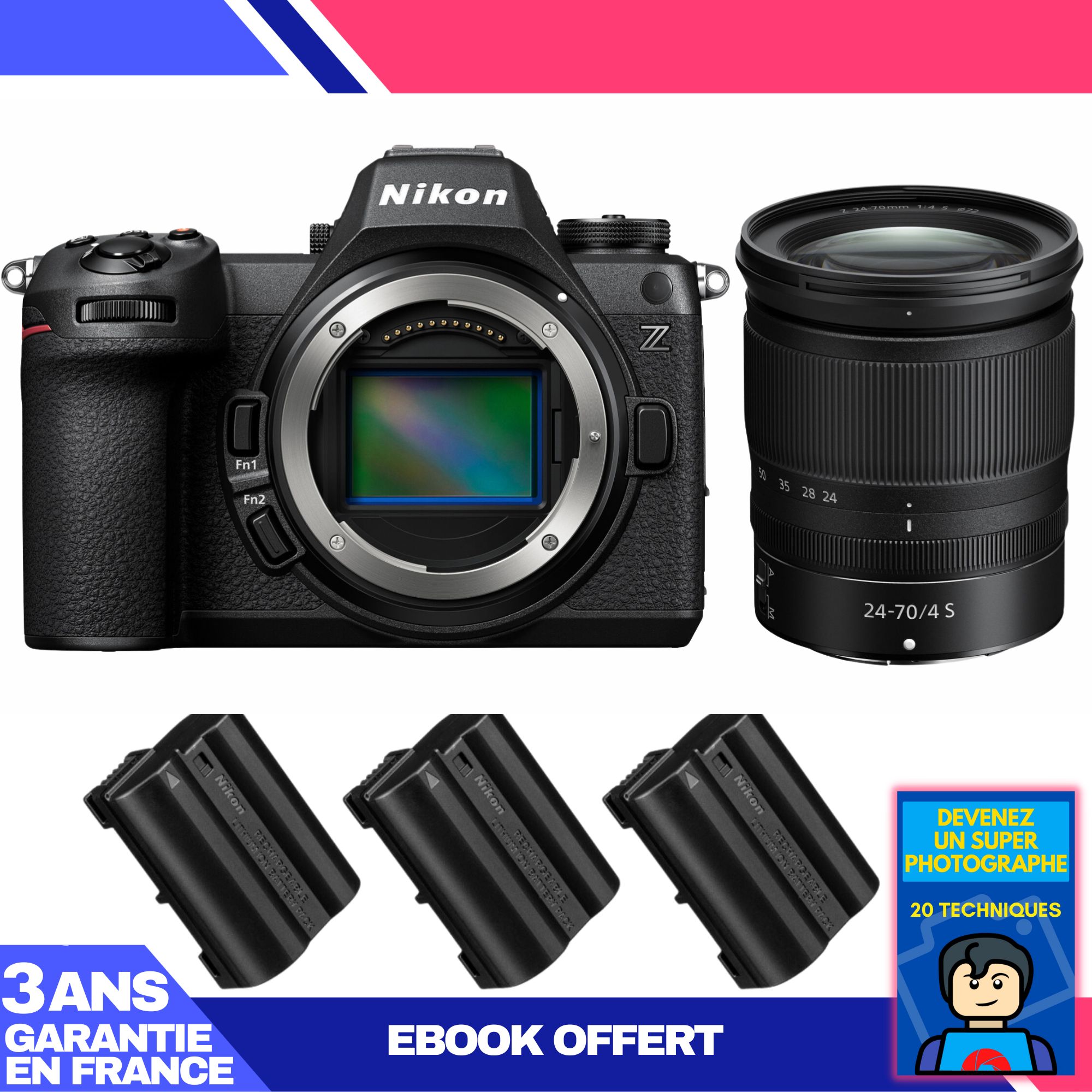 Nikon Z6 III Mirrorless Camera Kit with Z 24-70mm f/4 S Lens + 3 EN-EL15c Batteries + Ebook: Become a Super Photographer