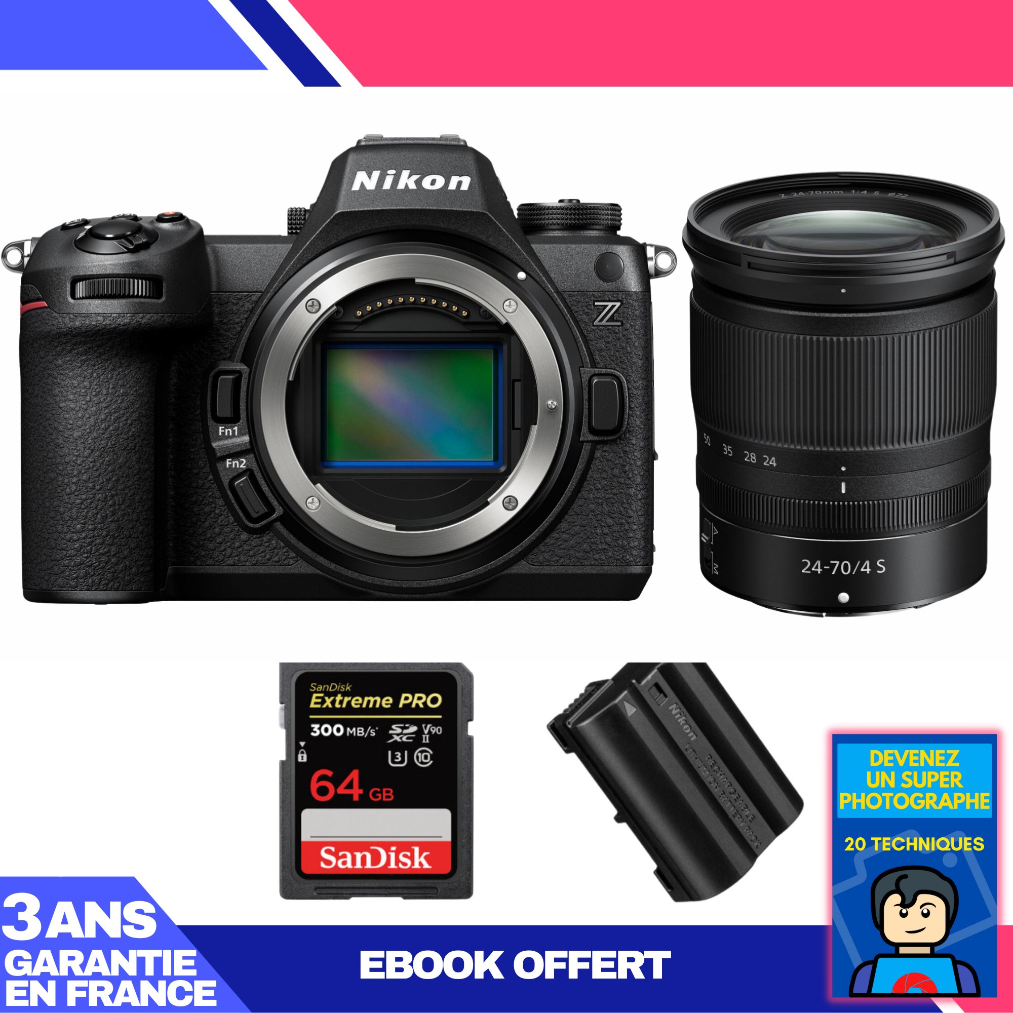 Nikon Z6 III Mirrorless Camera Kit with Z 24-70mm f/4 S Lens + 64GB Sandisk Extreme PRO SDXC Card + EN-EL15c Battery + Ebook