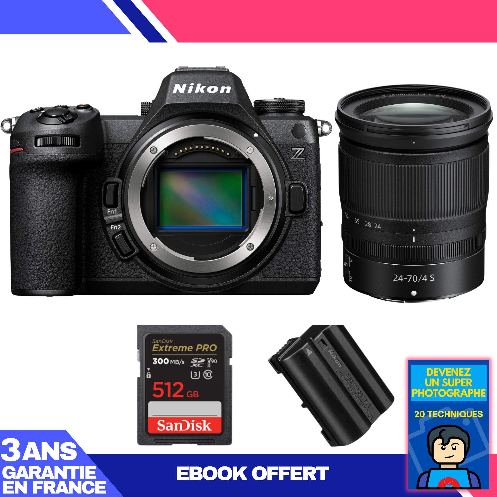 Nikon Z6 III Mirrorless Camera + Z 24-70mm f/4 S Lens + 512GB SanDisk Extreme PRO SDXC Card + EN-EL15c Battery + Ebook - Become a Super Photographer