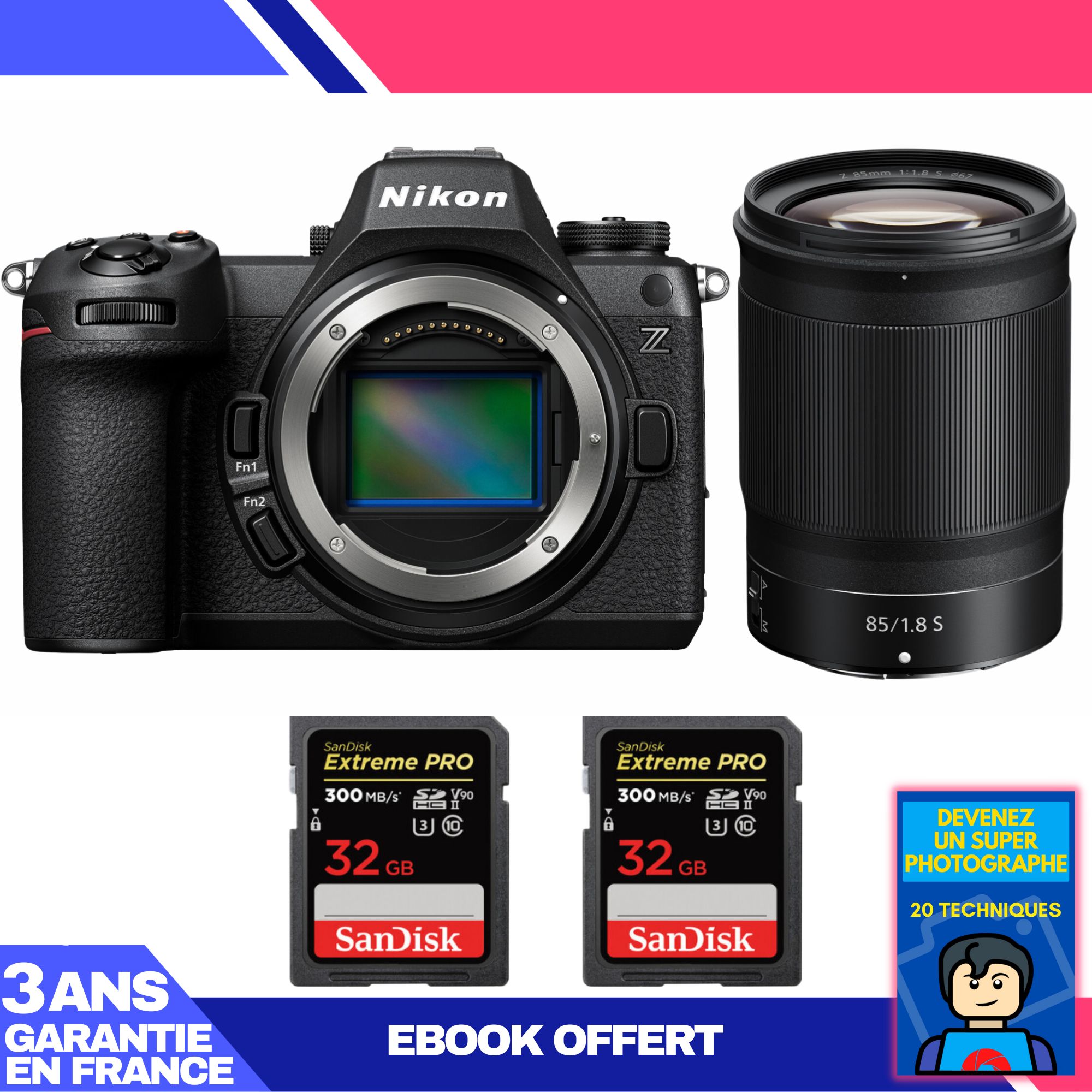 Appareil photo hybride Nikon Z6 III + Objectif Nikkor Z 85mm f/1.8 S + 2 cartes SanDisk 32 Go Extreme PRO UHS-II