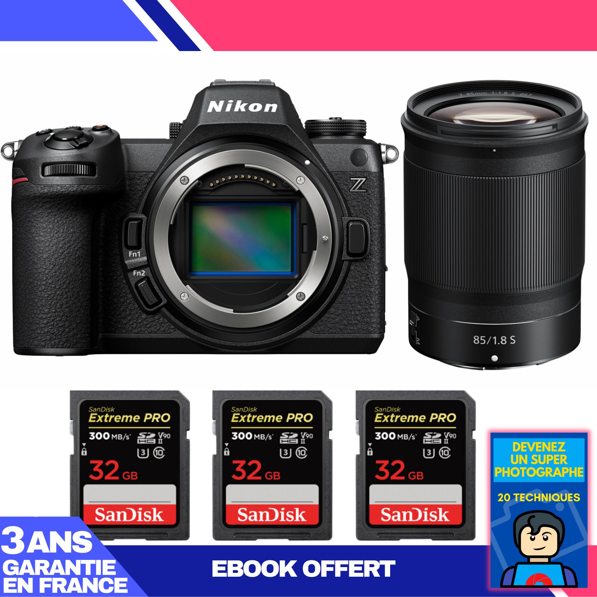 Kit Nikon Z6 III con lente Z 85mm f/1.8 S y 3 tarjetas SDXC SanDisk de 32 GB Extreme PRO