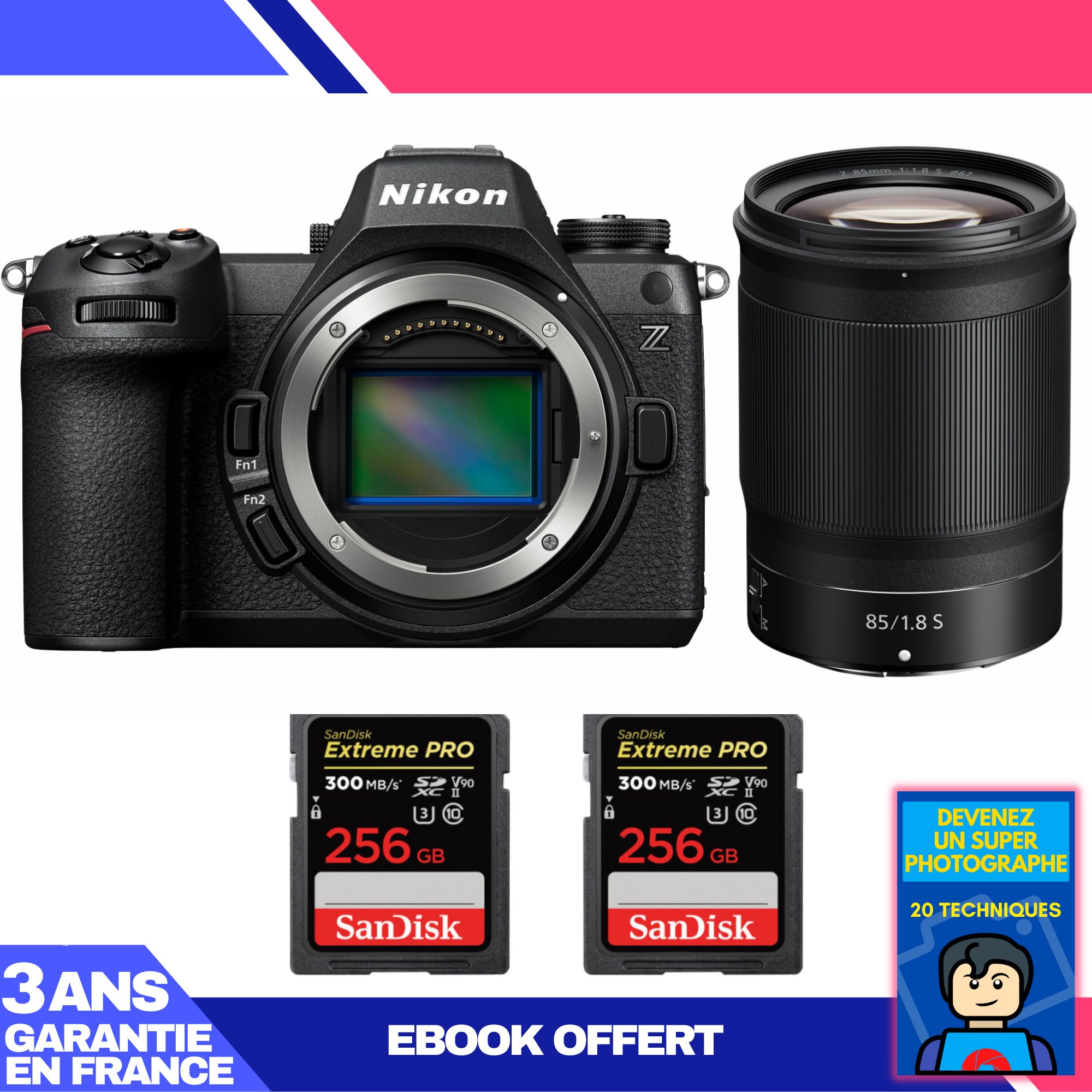 Appareil photo hybride Nikon Z6 III + objectif Nikkor Z 85 mm f/1.8 S + 2 cartes SDXC SanDisk 256 Go Extreme PRO UHS-II + ebook 'Devenez un photographe expert'
