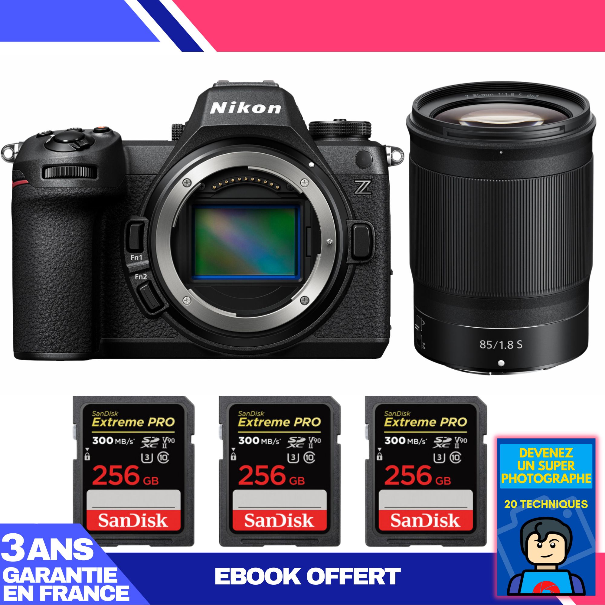 Kit Nikon Z6 III con objetivo Z 85mm f/1.8 S y 3 tarjetas SanDisk Extreme PRO de 256 GB + ebook: Conviértase en un fotógrafo super