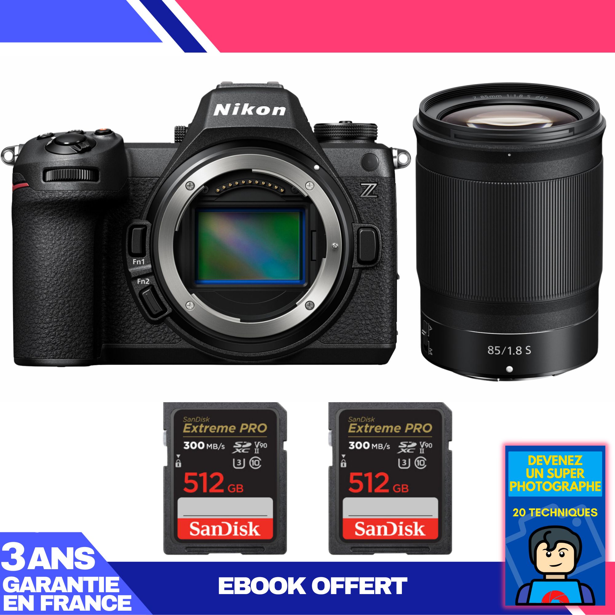 Appareil photo hybride Nikon Z6 III + Objectif Nikkor Z 85 mm f/1.8 S + 2 cartes SDXC SanDisk 512 Go Extreme PRO UHS-II + Guide 'Devenez un photographe exceptionnel'